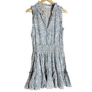 Anna Cate Blue Floral Print Smocked Sleeveless Split Neck A-Line Mini Dress L